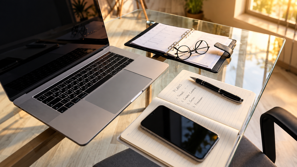 Travel planning setup with passport smartphone laptop and flight itinerary