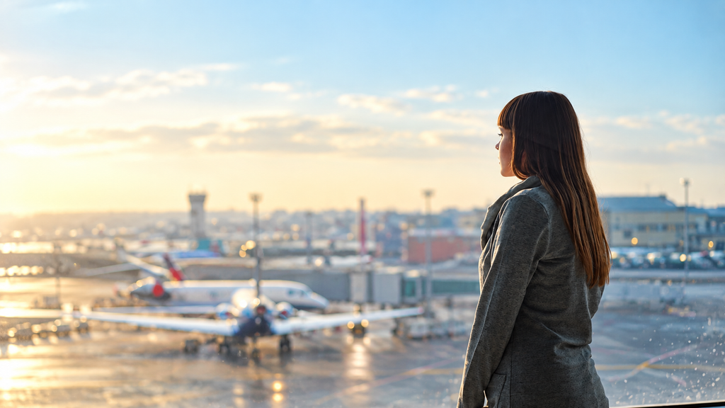 Traveler holding a boarding pass while watching airplanes at an airport