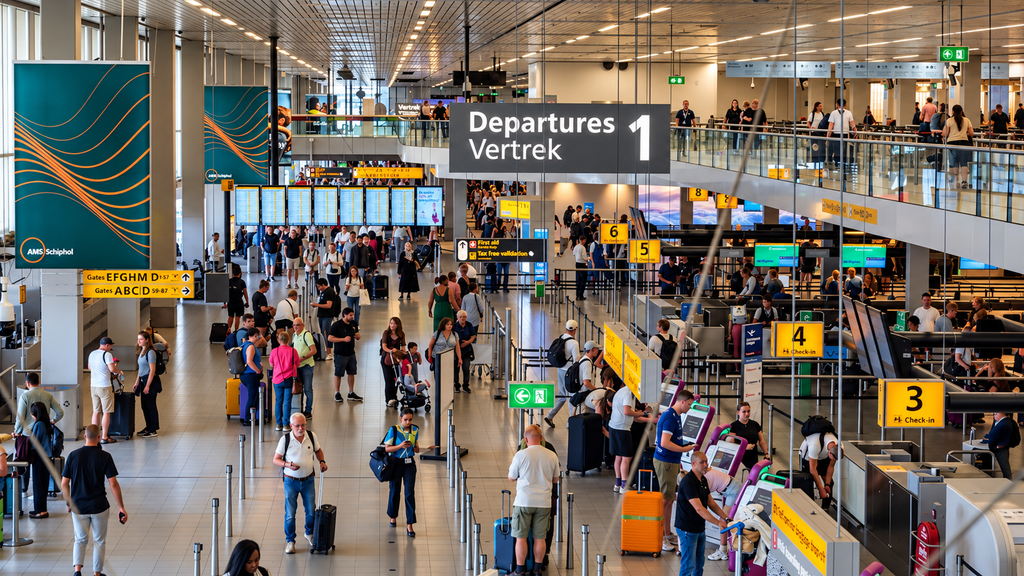 Travelers walking through an airport terminal beneath flight departure boards
