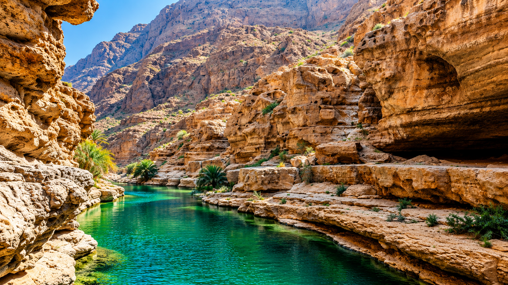 Turquoise pools and limestone cliffs at Wadi Shab Oman
